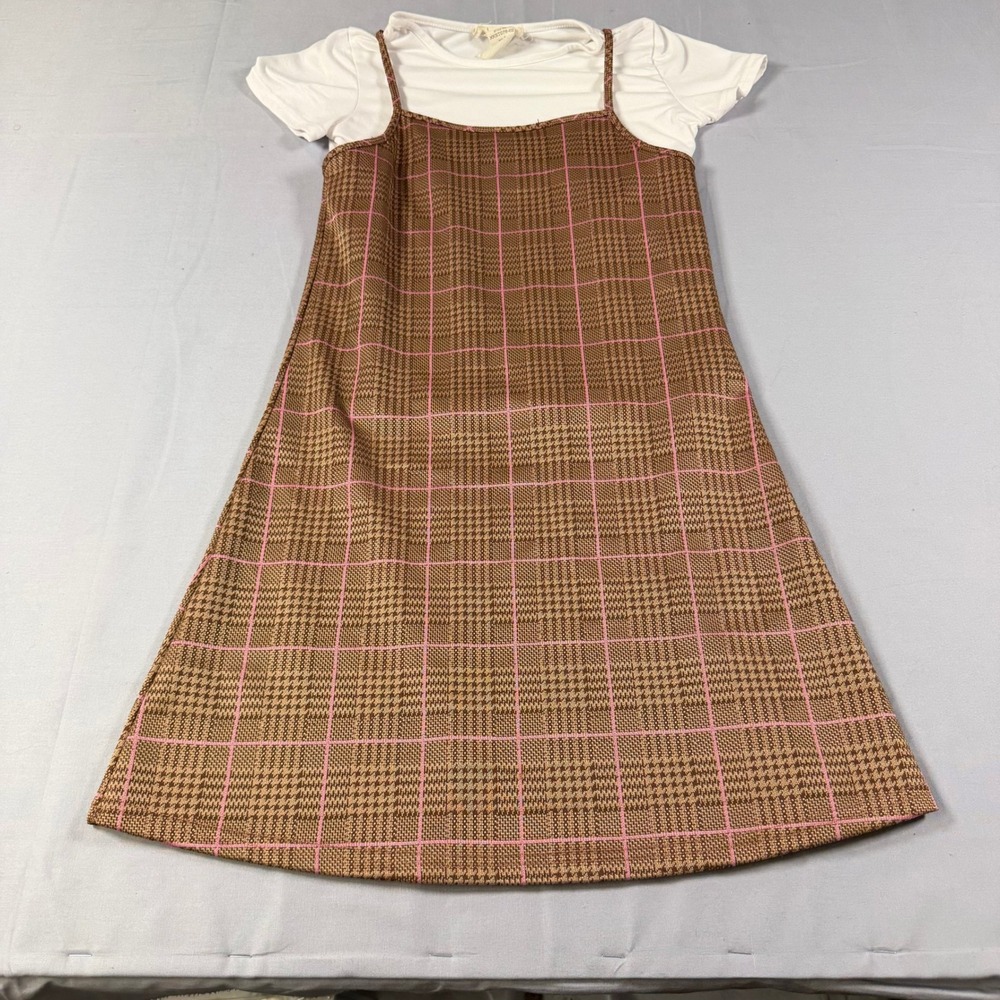 Shosho Girls Brown Pink Houndstooth Plaid Pinafore Dress White T-Shirt Set Sz 8